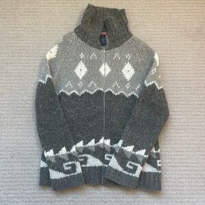Vintage Gray and White Patterned Wool Zip-Up Sweater